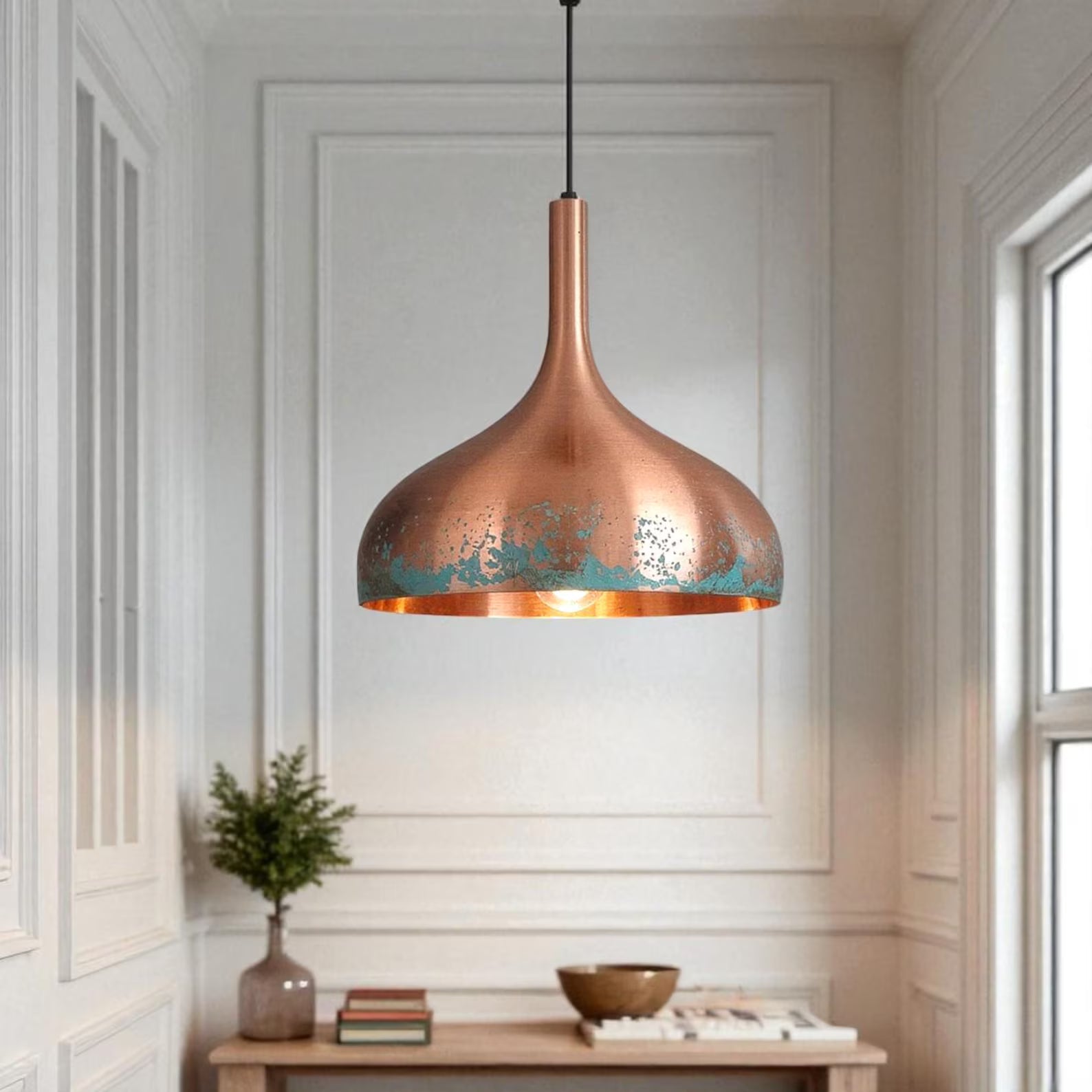 Handcrafted Teardrop Copper Pendant Light - Natural Green Patina - Mettlemix