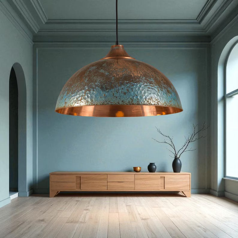 Handmade Copper Dome Pendant Light - Green Patina & Rustic Artisan Lighting - Mettlemix