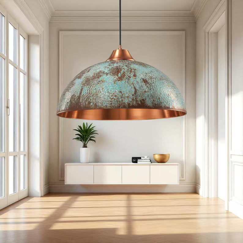 Rustic Copper Dome Pendant Light - Aged Patina Finish - Mettlemix