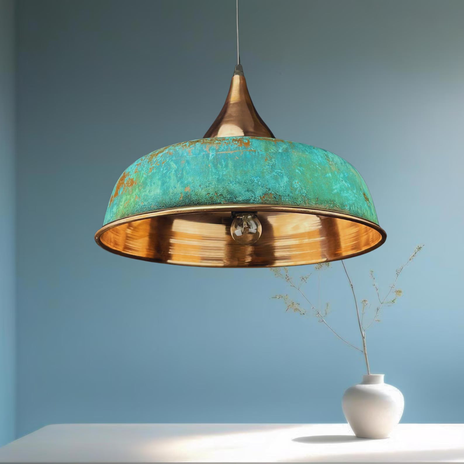 Handmade Oxidized Copper Pendant Light - Green Patina Dome Lamp - Mettlemix