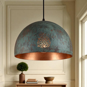 Handmade Oxidized Copper Pendant Light - Green Patina Perforated Dome - Mettlemix