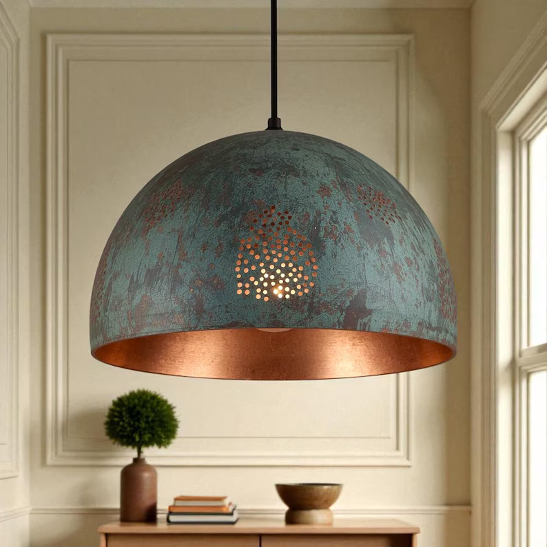 Handmade Oxidized Copper Pendant Light - Green Patina Perforated Dome - Mettlemix