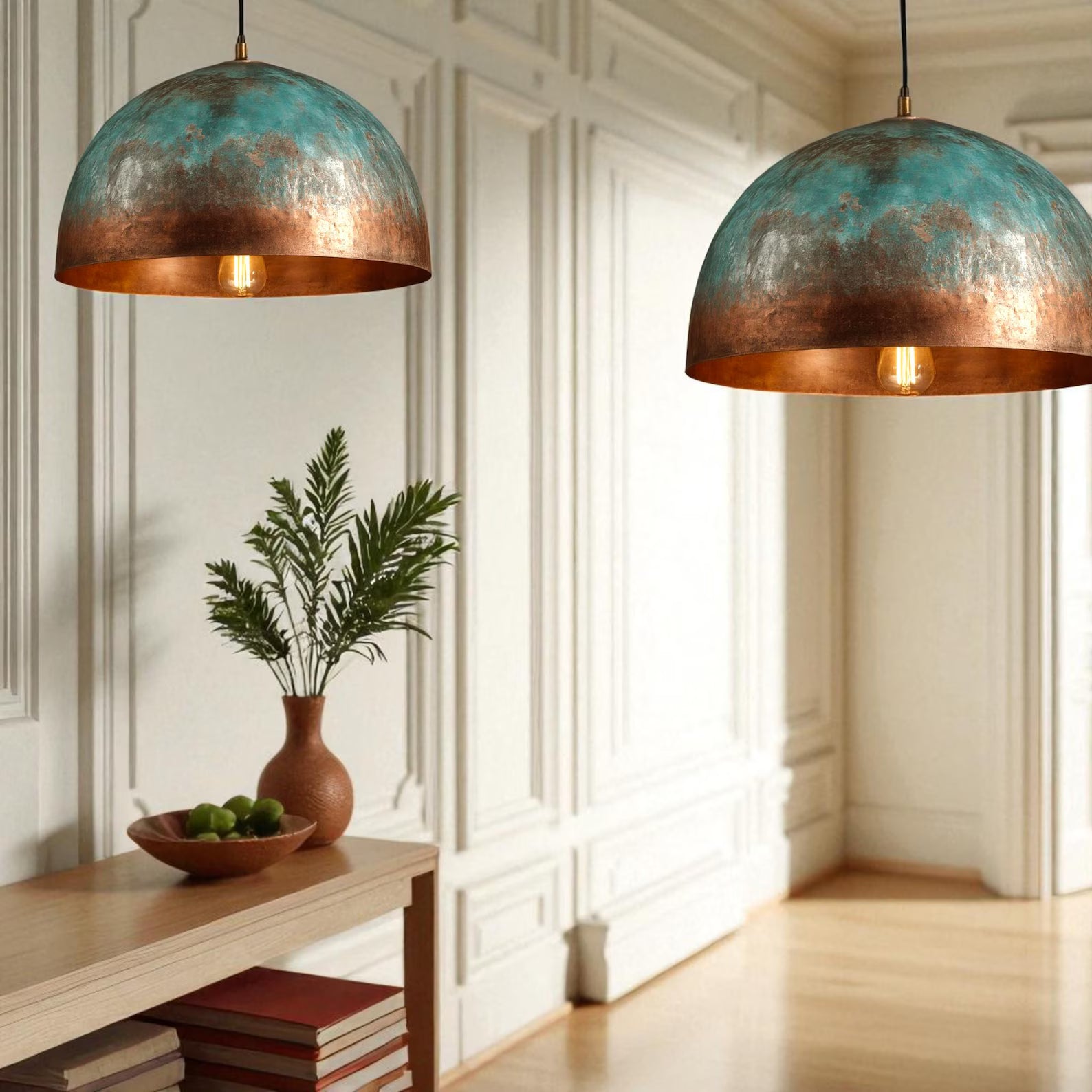 Handmade Blue Patina Copper Dome Pendant Light - Rustic Chandelier - Mettlemix