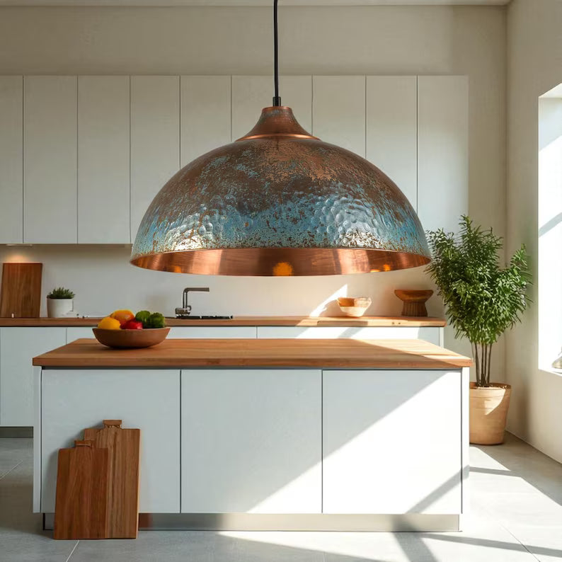 Handmade Copper Dome Pendant Light - Green Patina & Rustic Artisan Lighting - Mettlemix