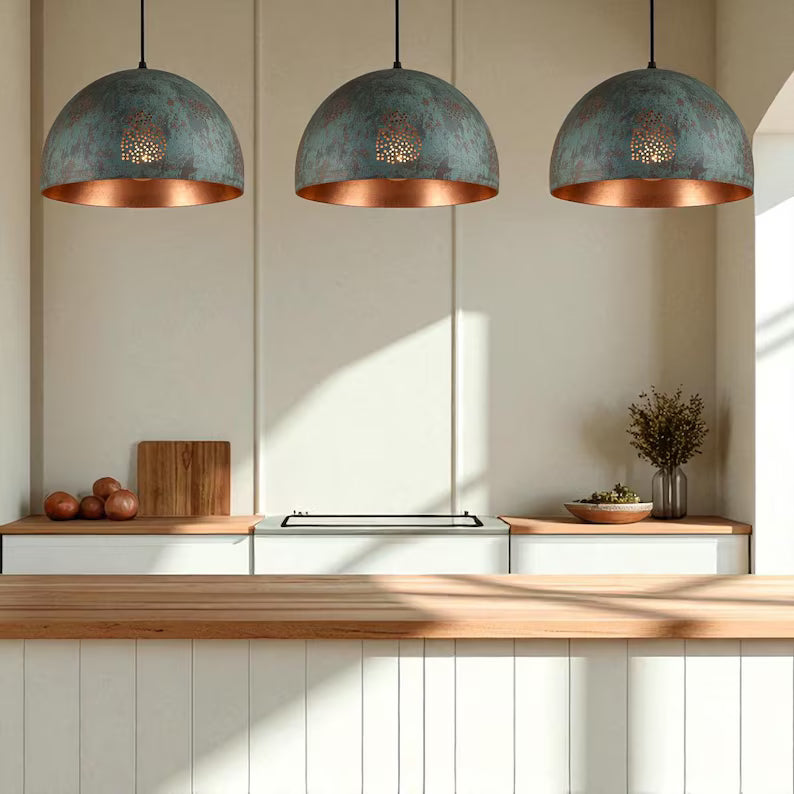 Handmade Oxidized Copper Pendant Light - Green Patina Perforated Dome - Mettlemix