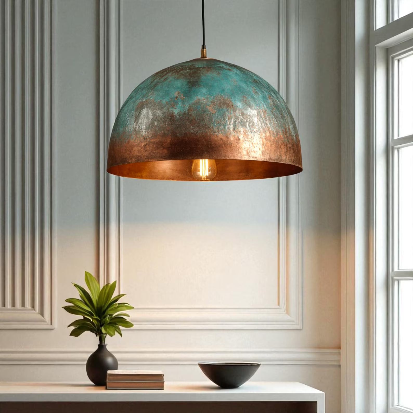 Handmade Blue Patina Copper Dome Pendant Light - Rustic Chandelier - Mettlemix
