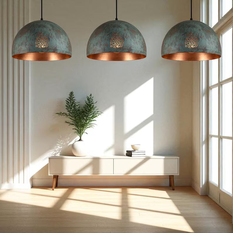 Handmade Oxidized Copper Pendant Light - Green Patina Perforated Dome - Mettlemix