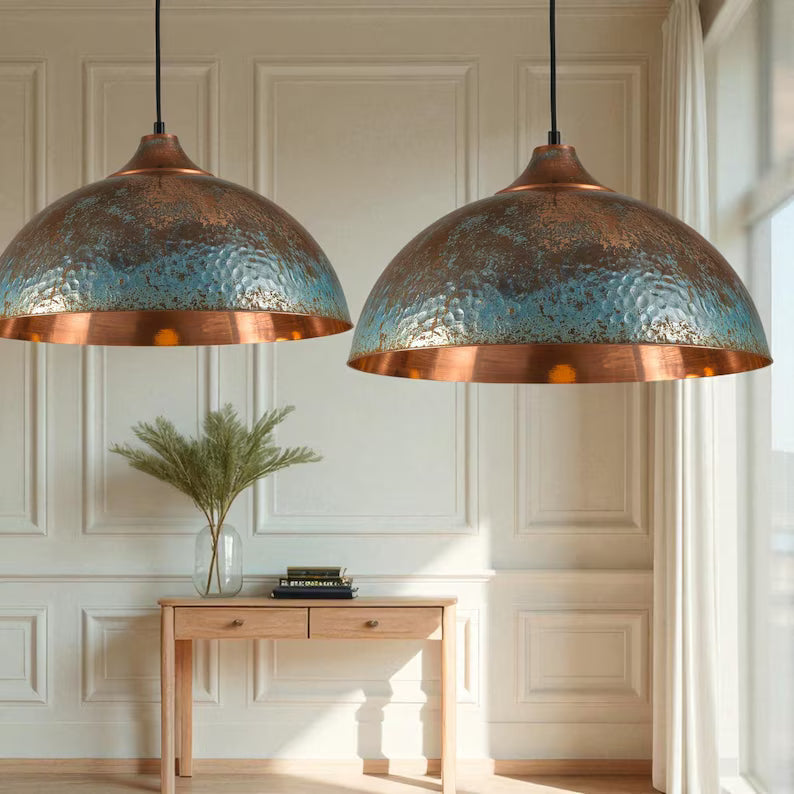 Handmade Copper Dome Pendant Light - Green Patina & Rustic Artisan Lighting - Mettlemix