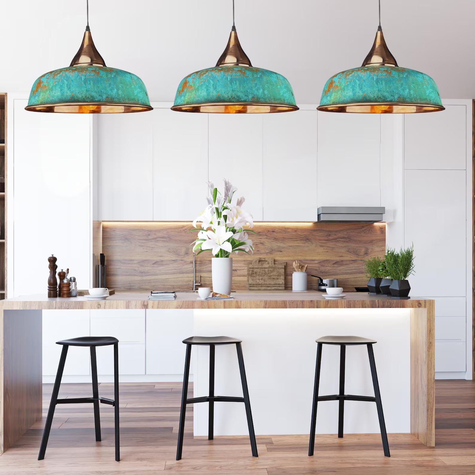 Handmade Oxidized Copper Pendant Light - Green Patina Dome Lamp - Mettlemix
