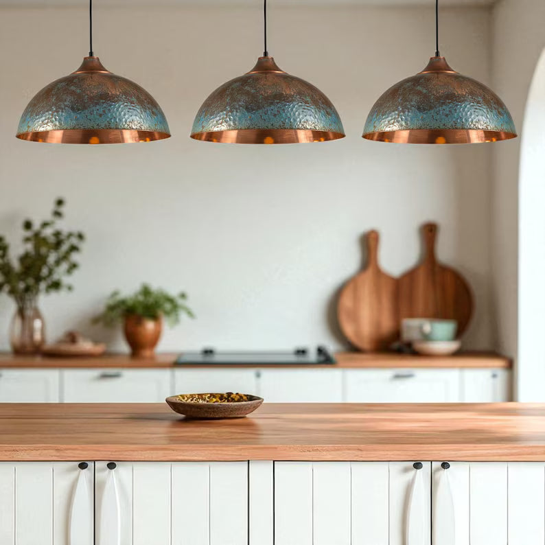 Handmade Copper Dome Pendant Light - Green Patina & Rustic Artisan Lighting - Mettlemix