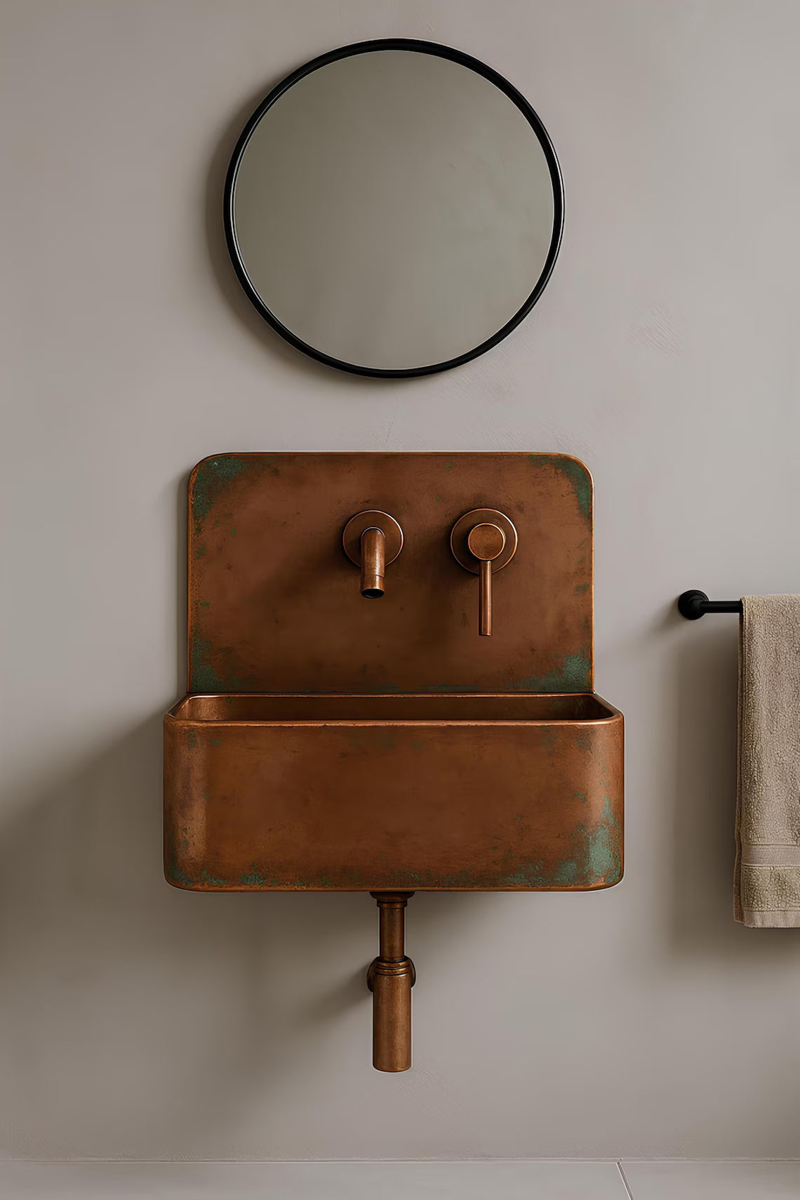 Wall-Mounted Rustic Copper Bathroom Sink - Industrial Patina Basin Set - Mettlemix