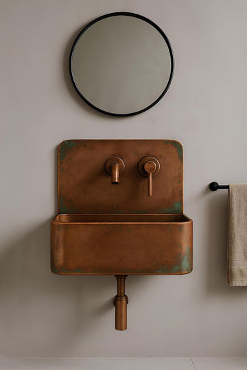 Wall-Mounted Rustic Copper Bathroom Sink - Industrial Patina Basin Set - Mettlemix