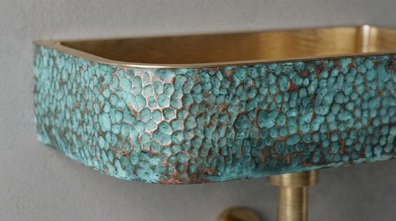 Aged Brass Sink, Green Patina Wall Mount Basin - Hammered Rustic Washbasin, Custom Verdigris Floating Vanity, Powder Room Sink - Mettlemix