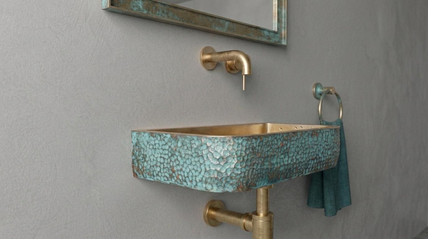Aged Brass Sink, Green Patina Wall Mount Basin - Hammered Rustic Washbasin, Custom Verdigris Floating Vanity, Powder Room Sink - Mettlemix
