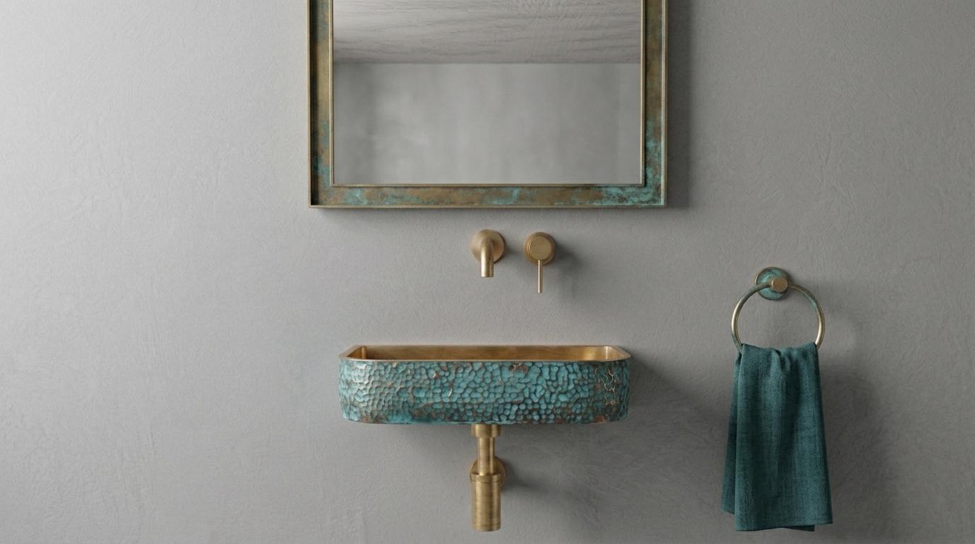Aged Brass Sink, Green Patina Wall Mount Basin - Hammered Rustic Washbasin, Custom Verdigris Floating Vanity, Powder Room Sink - Mettlemix