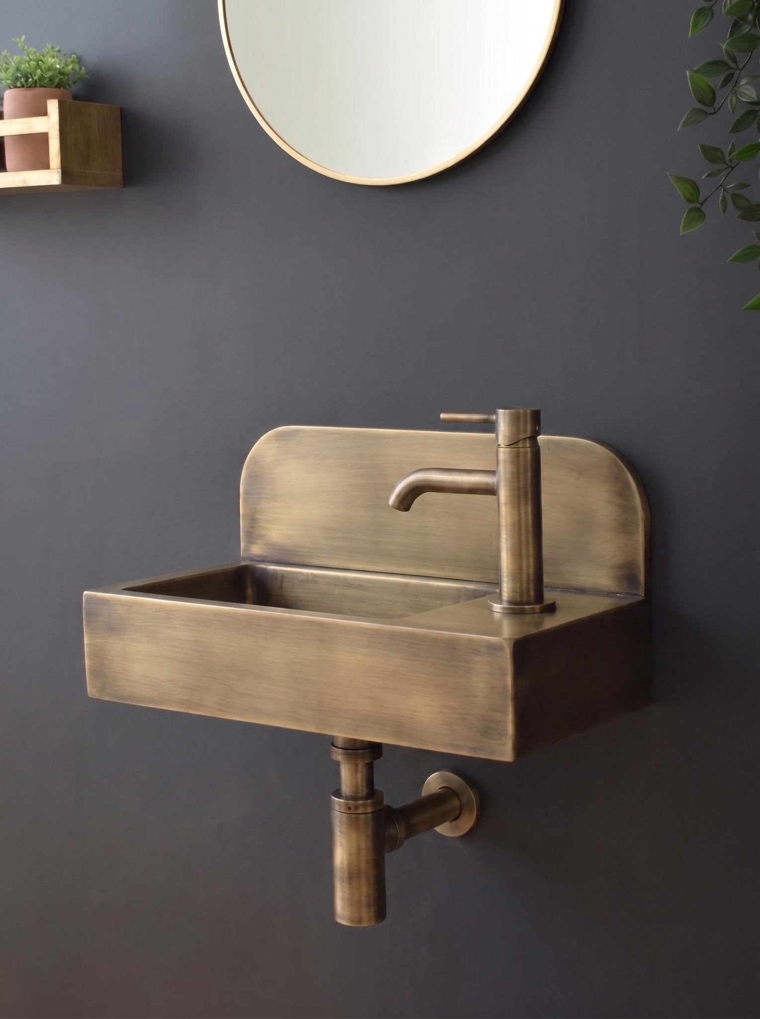 Aged Brass Wall Mounted Sink, Handmade Bathroom Basin, Luxury Powder Room Sink With Faucet & Bottle Trap Space Powder Room Sink - Mettlemix