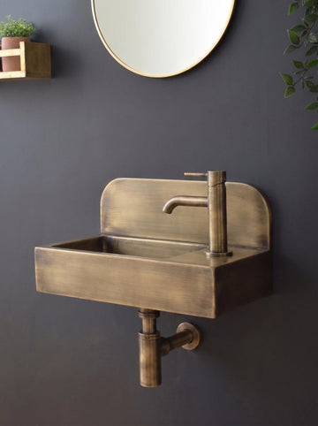 Aged Brass Wall Mounted Sink, Handmade Bathroom Basin, Luxury Powder Room Sink With Faucet & Bottle Trap Space Powder Room Sink - Mettlemix