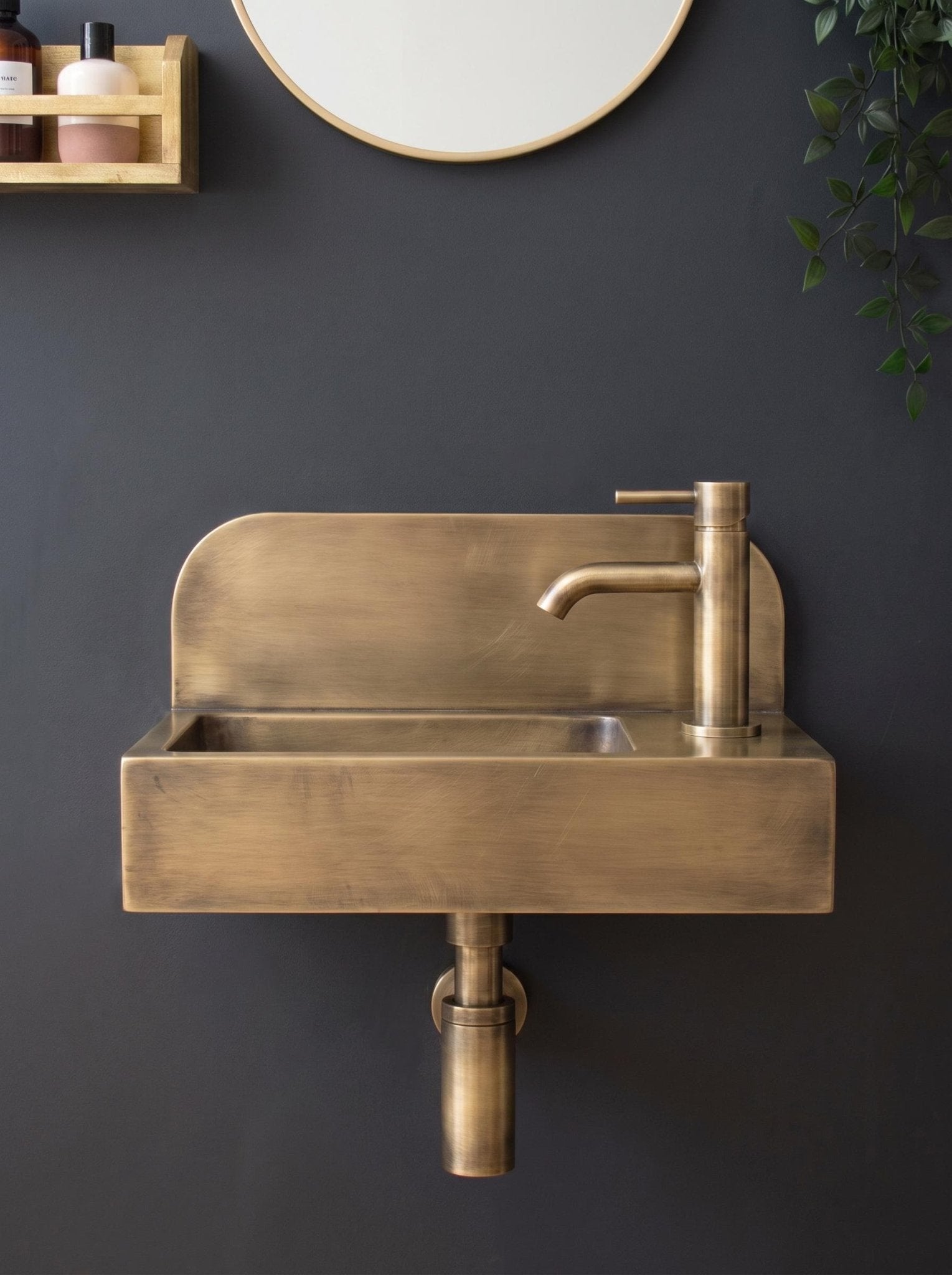 Aged Brass Wall Mounted Sink, Handmade Bathroom Basin, Luxury Powder Room Sink With Faucet & Bottle Trap Space Powder Room Sink - Mettlemix