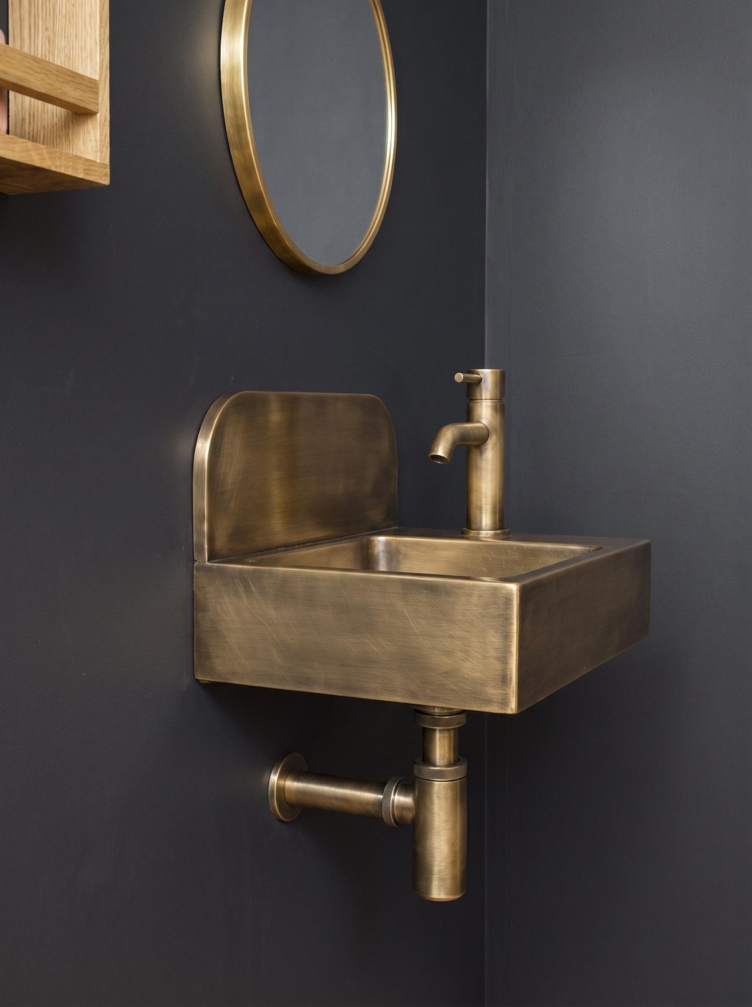 Aged Brass Wall Mounted Sink, Handmade Bathroom Basin, Luxury Powder Room Sink With Faucet & Bottle Trap Space Powder Room Sink - Mettlemix