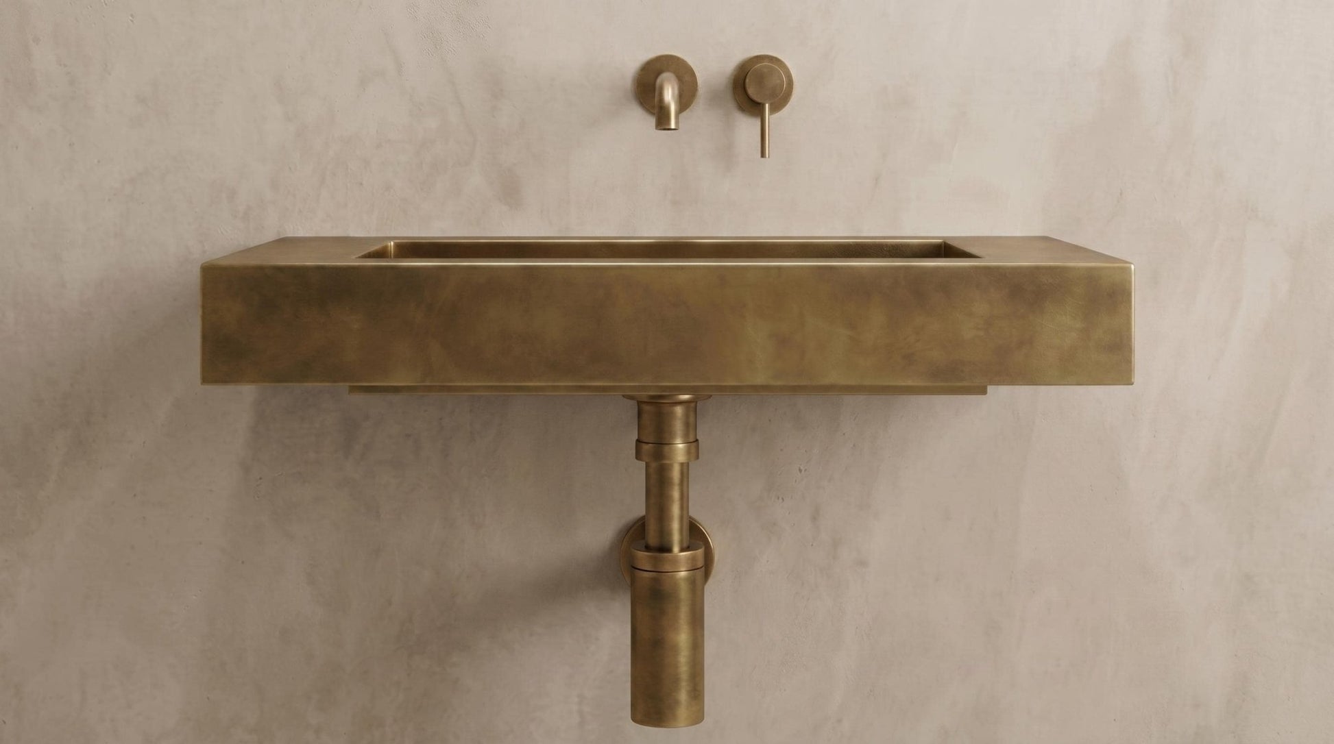 Aged Brass Wall Mounted Sink, Handmade Rectangular Bathroom Basin, Luxury Powder Room Sink With Faucet & Bottle Trap - Mettlemix