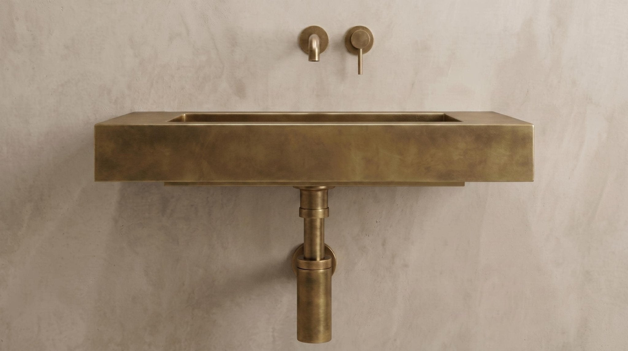Aged Brass Wall Mounted Sink, Handmade Rectangular Bathroom Basin, Luxury Powder Room Sink With Faucet & Bottle Trap - Mettlemix