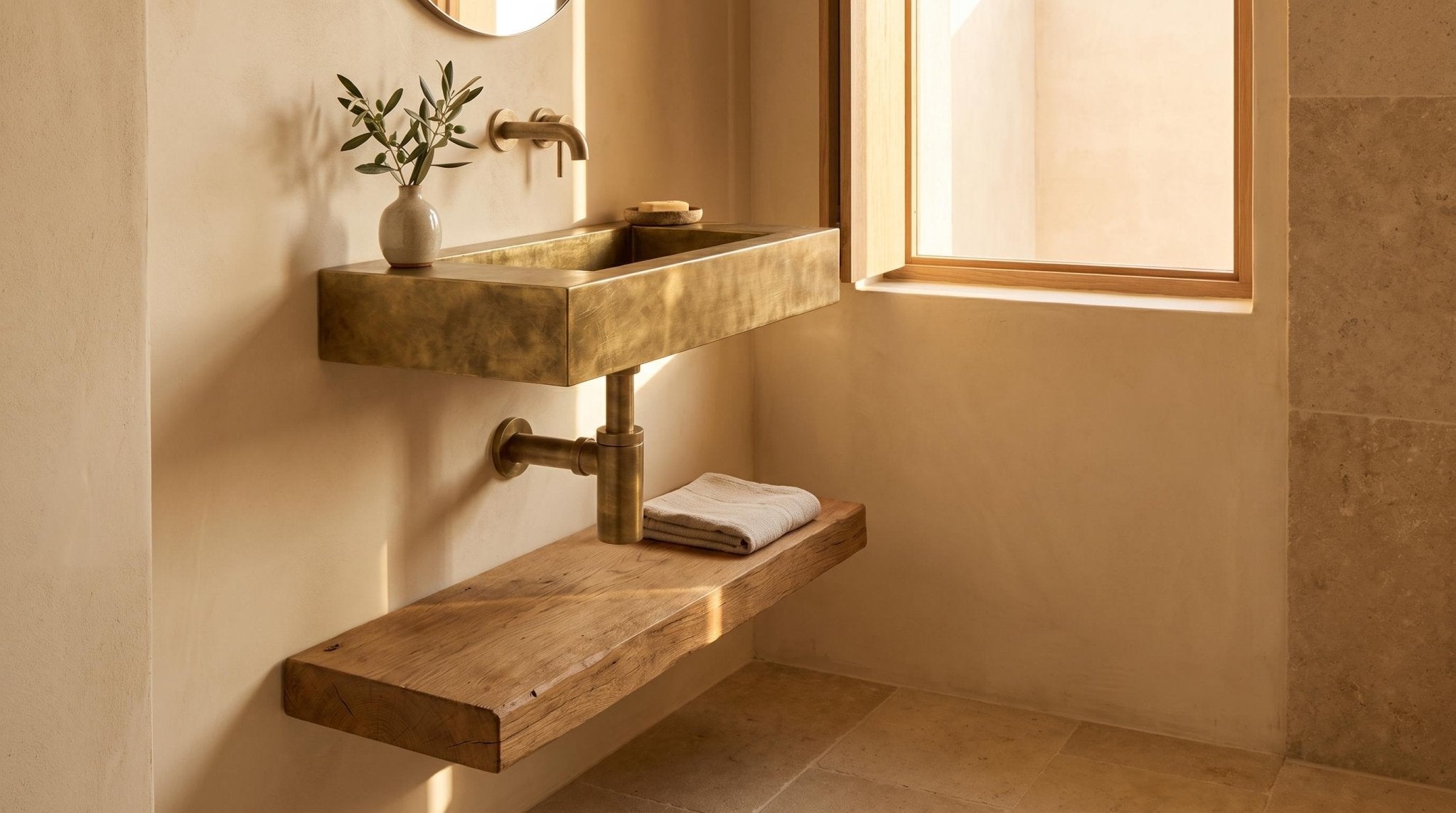 Aged Brass Wall Mounted Sink, Handmade Rectangular Bathroom Basin, Luxury Powder Room Sink With Faucet & Bottle Trap - Mettlemix