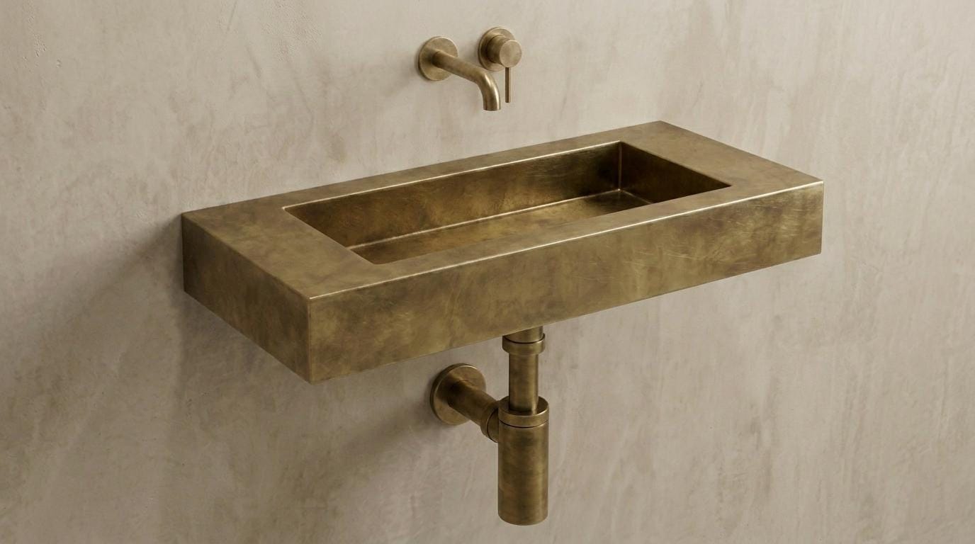 Aged Brass Wall Mounted Sink, Handmade Rectangular Bathroom Basin, Luxury Powder Room Sink With Faucet & Bottle Trap - Mettlemix