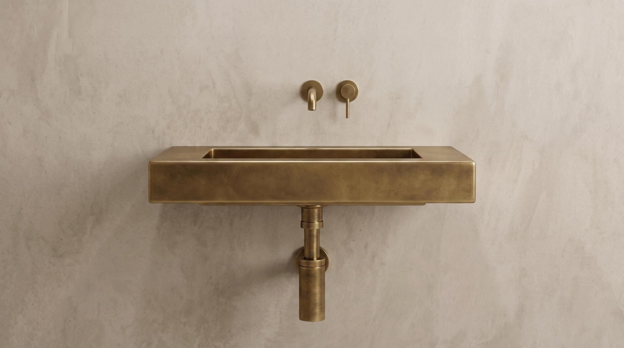 Aged Brass Wall Mounted Sink, Handmade Rectangular Bathroom Basin, Luxury Powder Room Sink With Faucet & Bottle Trap - Mettlemix