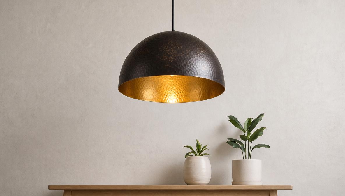 Antique Brass Dome Ceiling Lamp, Black Hammered Brass Pendant Light, Gold Interior Kitchen Island Fixture, Moody Modern Boho Hanging Light - Mettlemix