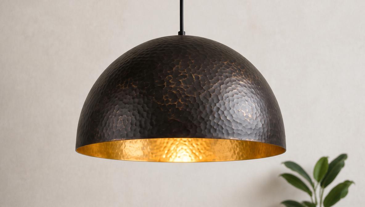 Antique Brass Dome Ceiling Lamp, Black Hammered Brass Pendant Light, Gold Interior Kitchen Island Fixture, Moody Modern Boho Hanging Light - Mettlemix