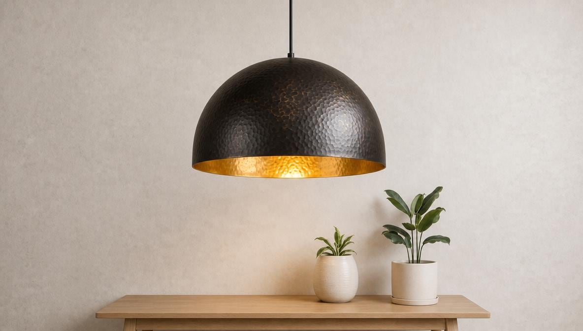 Antique Brass Dome Ceiling Lamp, Black Hammered Brass Pendant Light, Gold Interior Kitchen Island Fixture, Moody Modern Boho Hanging Light - Mettlemix