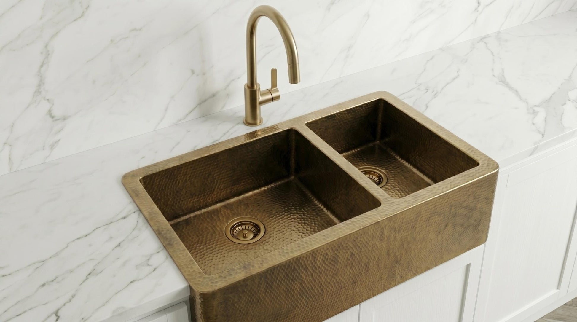Antique Brass Farmhouse Sink - Double Bowl Hammered Brass Kitchen Sink - Custom Apron Front Kitchen Basin - Handcrafted Luxury Metal Sink - Mettlemix