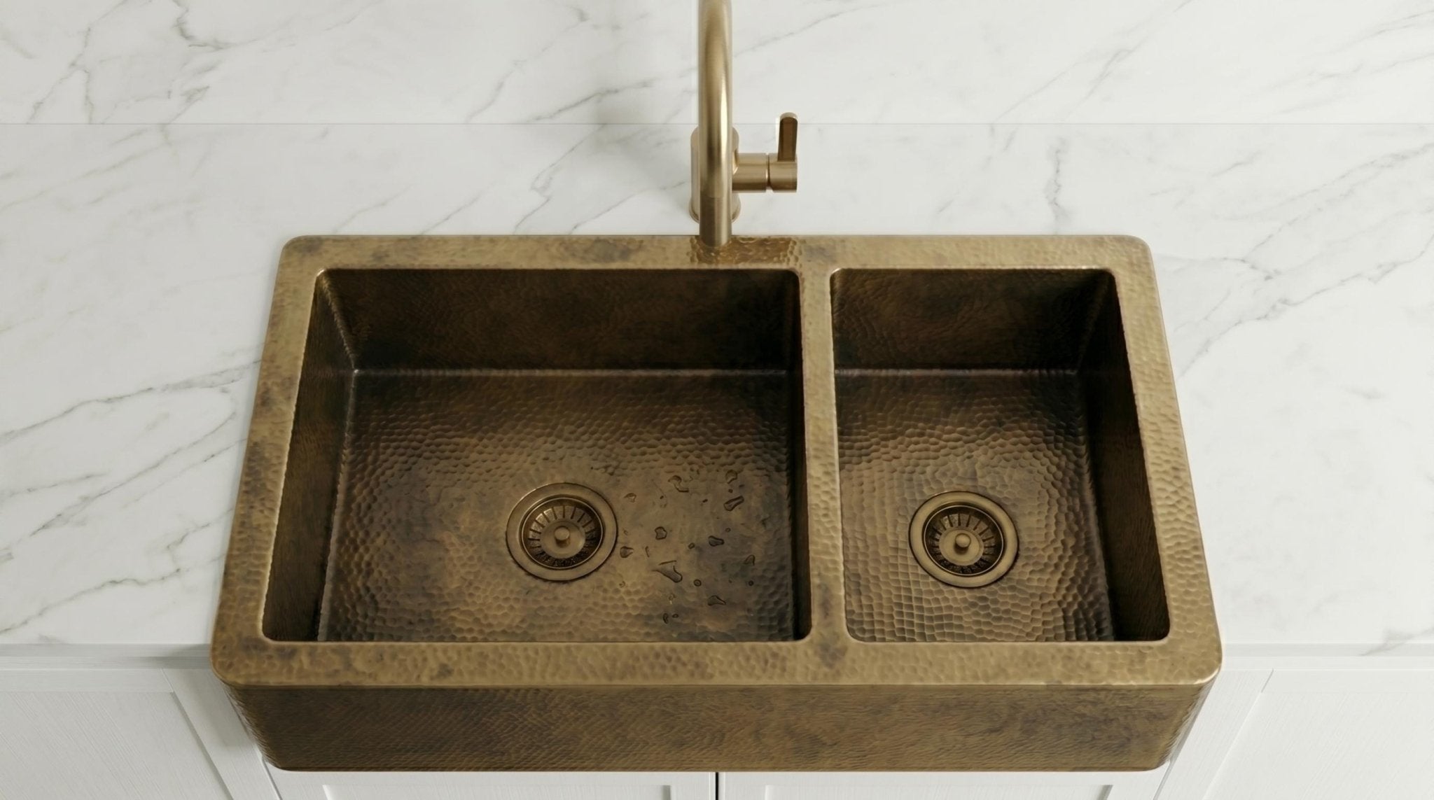 Antique Brass Farmhouse Sink - Double Bowl Hammered Brass Kitchen Sink - Custom Apron Front Kitchen Basin - Handcrafted Luxury Metal Sink - Mettlemix