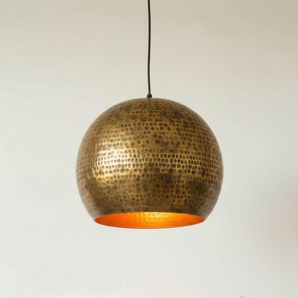 Antique Brass Hammered Pendant Lamp - Moroccan Dome Ceiling Fixture - Kitchen Island Lighting - Rustic Farmhouse Light - Boho Decor - Mettlemix