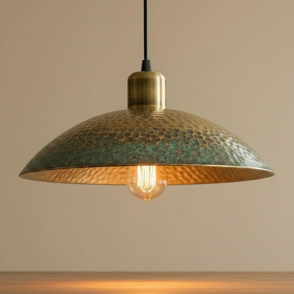 Antique Brass Pendant Light - Green Patina Hammered Dome - Rustic Kitchen Island Chandelier - Wabi Sabi Ceiling Lamp - Farmhouse Fixture - Mettlemix