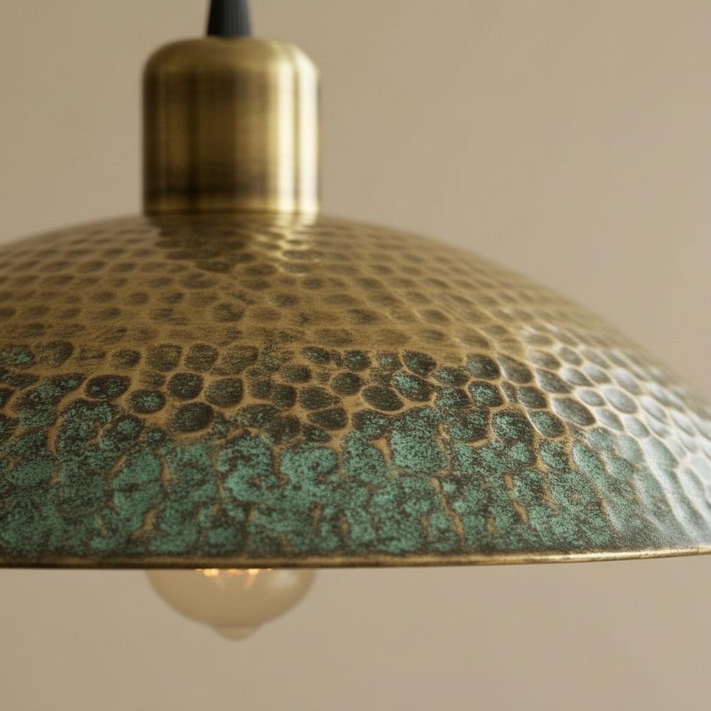 Antique Brass Pendant Light - Green Patina Hammered Dome - Rustic Kitchen Island Chandelier - Wabi Sabi Ceiling Lamp - Farmhouse Fixture - Mettlemix