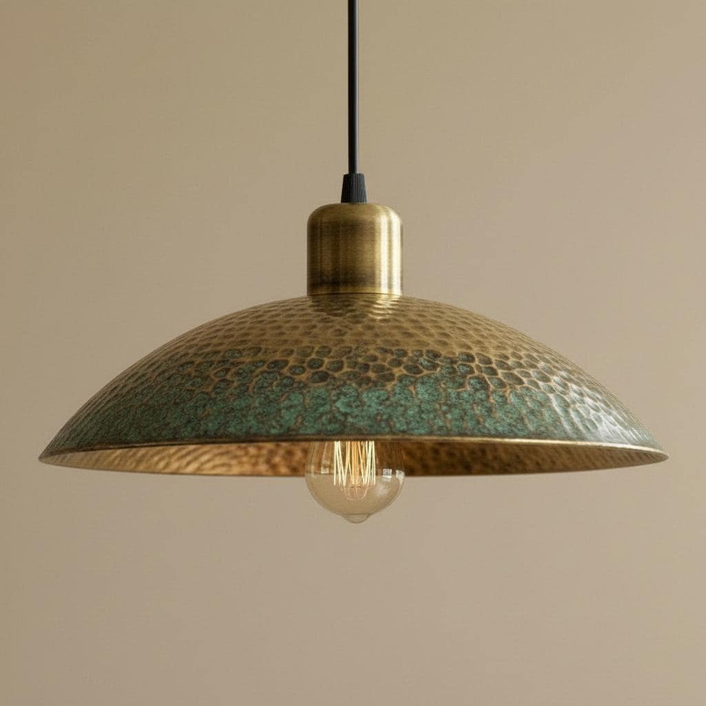 Antique Brass Pendant Light - Green Patina Hammered Dome - Rustic Kitchen Island Chandelier - Wabi Sabi Ceiling Lamp - Farmhouse Fixture - Mettlemix