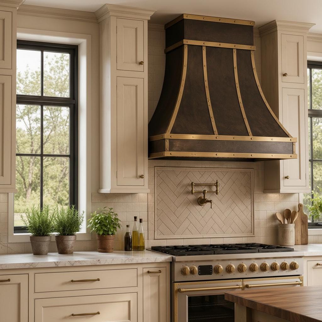 Antique Brass Range Hood, Custom Dark Brass Cooker Hood with Straps, Vintage Kitchen Vent Hood, Rustic Stove Cover, Farmhouse Exhaust - Mettlemix