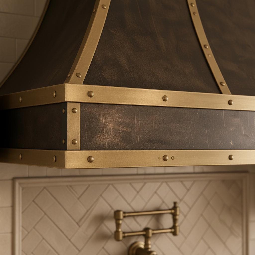Antique Brass Range Hood, Custom Dark Brass Cooker Hood with Straps, Vintage Kitchen Vent Hood, Rustic Stove Cover, Farmhouse Exhaust - Mettlemix