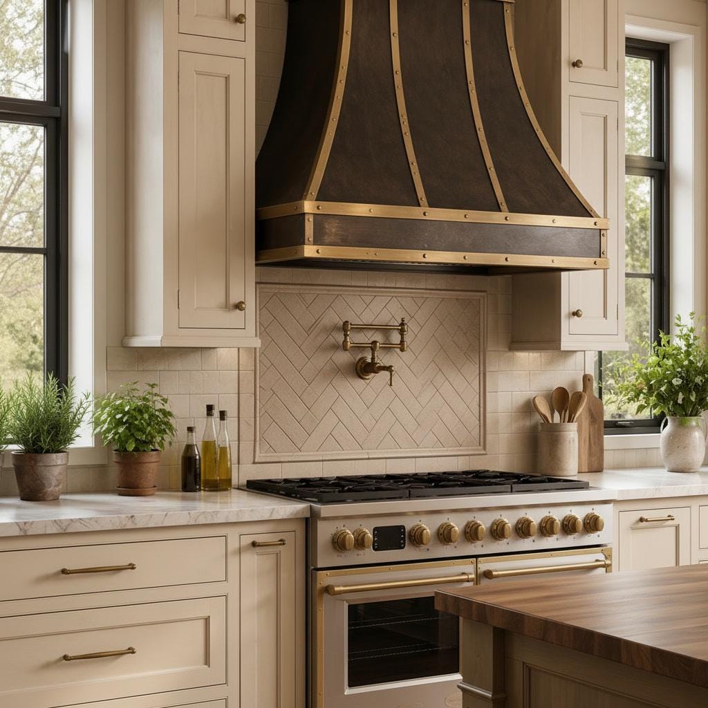Antique Brass Range Hood, Custom Dark Brass Cooker Hood with Straps, Vintage Kitchen Vent Hood, Rustic Stove Cover, Farmhouse Exhaust - Mettlemix