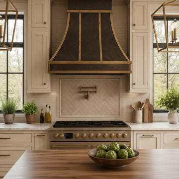 Antique Brass Range Hood, Custom Dark Brass Cooker Hood with Straps, Vintage Kitchen Vent Hood, Rustic Stove Cover, Farmhouse Exhaust - Mettlemix