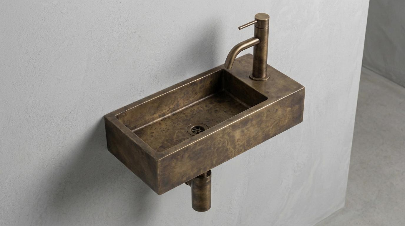 Antique Brass Sink, Wall Mounted Floating Basin, Smooth Rectangular Sink, Bathroom Vanity Washbasin, Custom Handcrafted Copper Wash Sink - Mettlemix