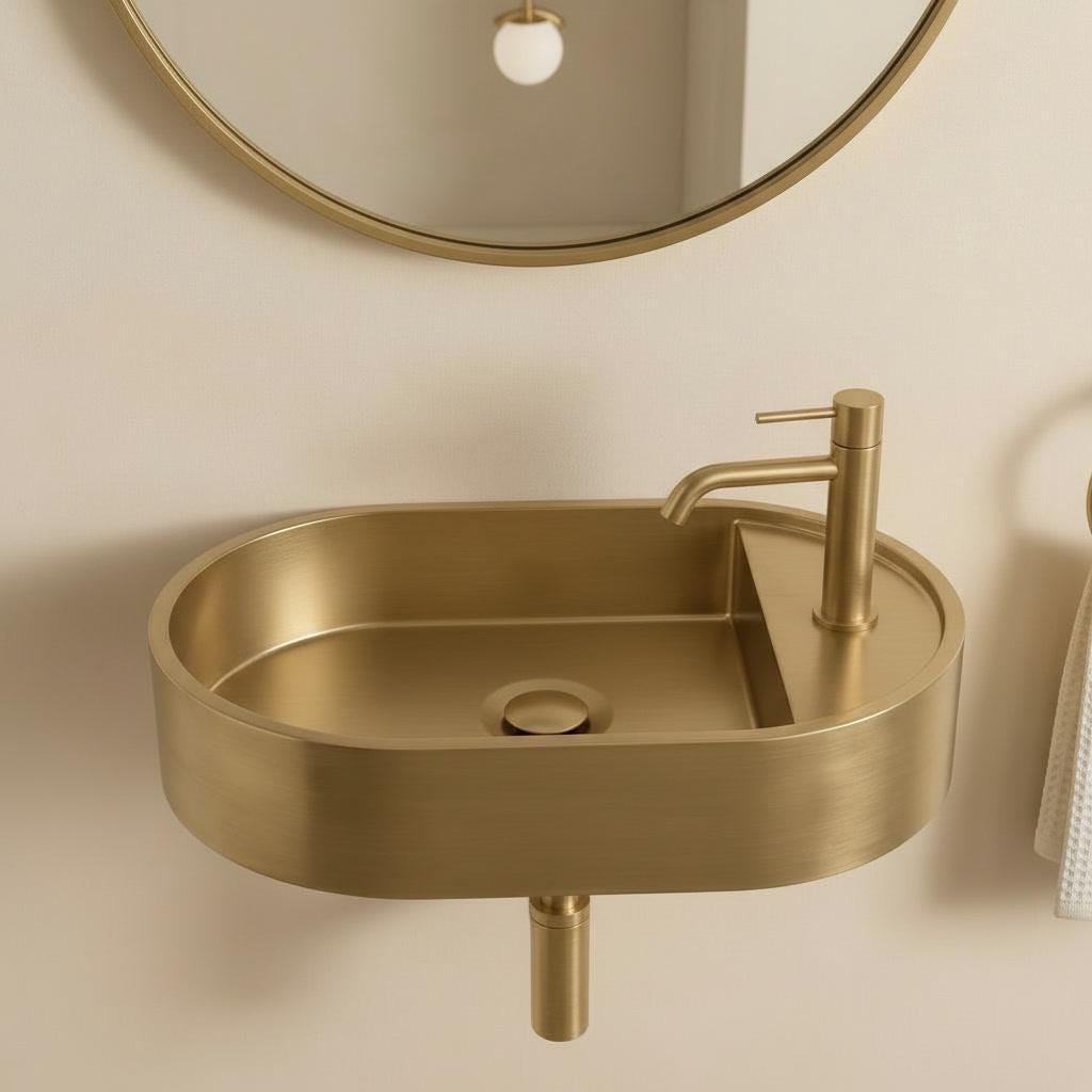 Antique Brass Sink, Wall Mounted Oval Washbasin - Minimalist Bathroom Vanity Basin, Powder Room Gold Floating Vessel Sink, Handmade Lavabo - Mettlemix