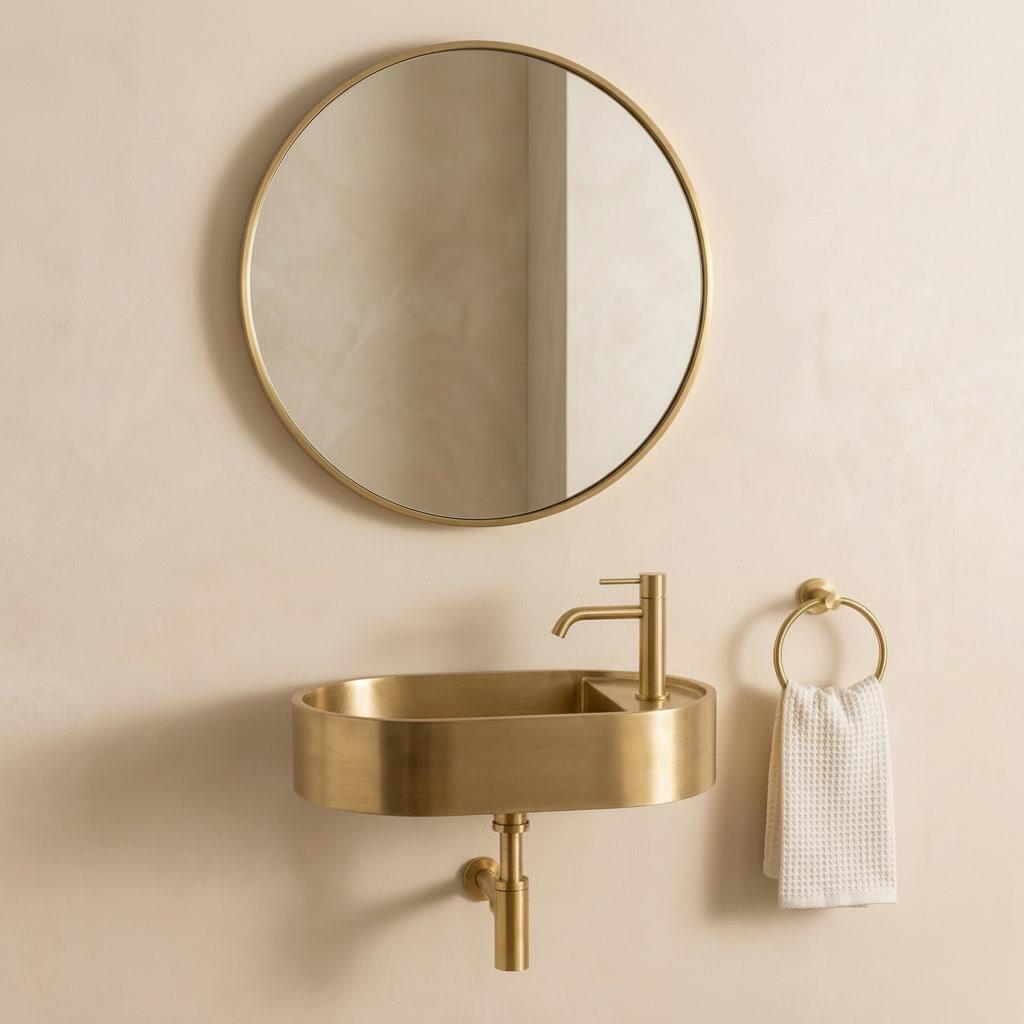 Antique Brass Sink, Wall Mounted Oval Washbasin - Minimalist Bathroom Vanity Basin, Powder Room Gold Floating Vessel Sink, Handmade Lavabo - Mettlemix