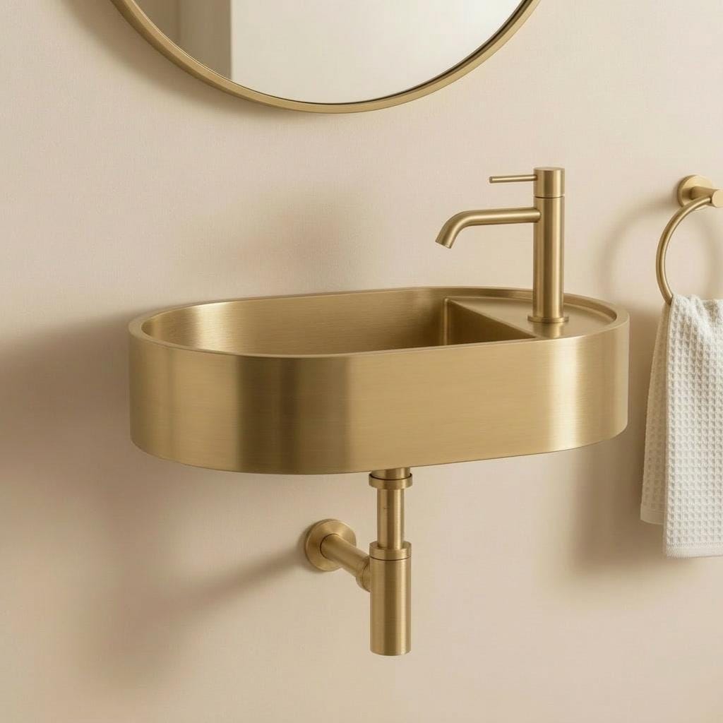Antique Brass Sink, Wall Mounted Oval Washbasin - Minimalist Bathroom Vanity Basin, Powder Room Gold Floating Vessel Sink, Handmade Lavabo - Mettlemix
