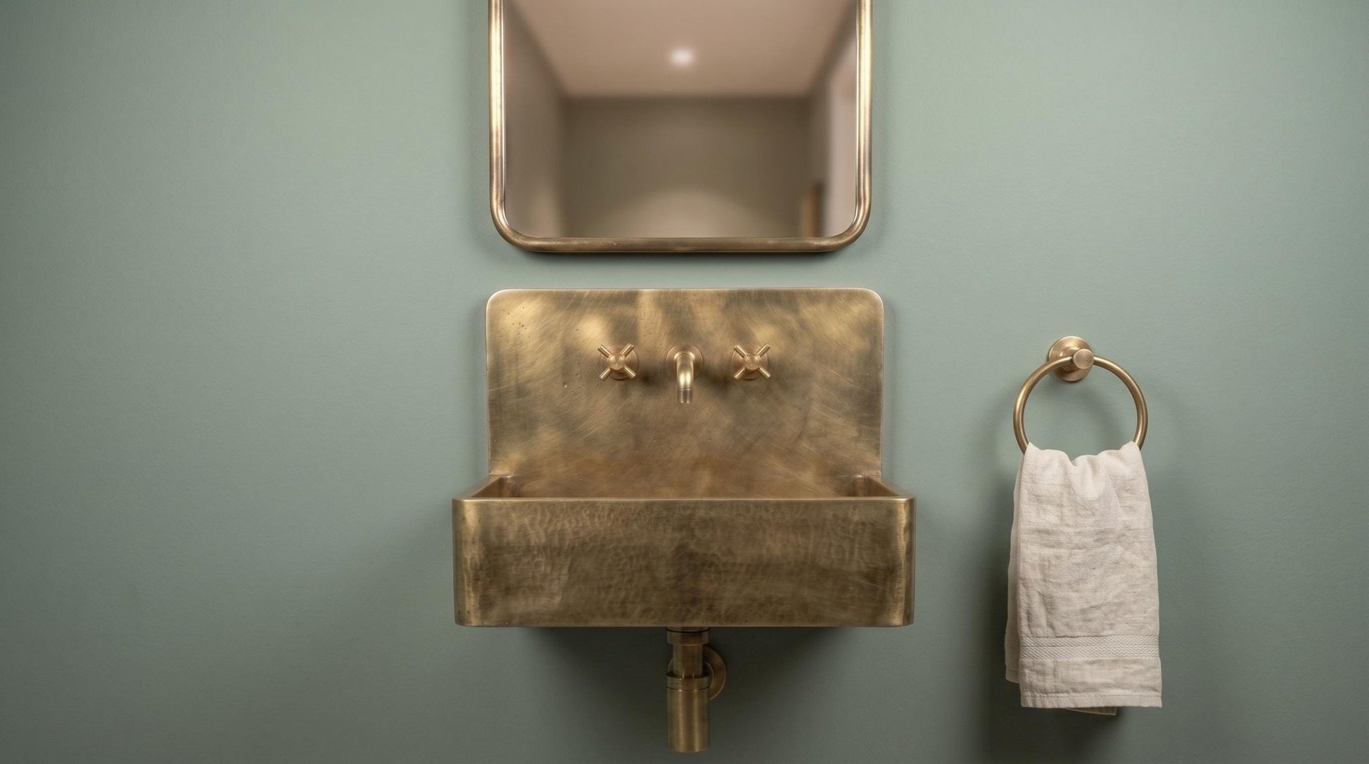 Antique Brass Wall Mounted Floating Sink, Smooth Rectangular Washbasin, Vintage Bathroom Vanity Basin, Rustic Sink - Mettlemix