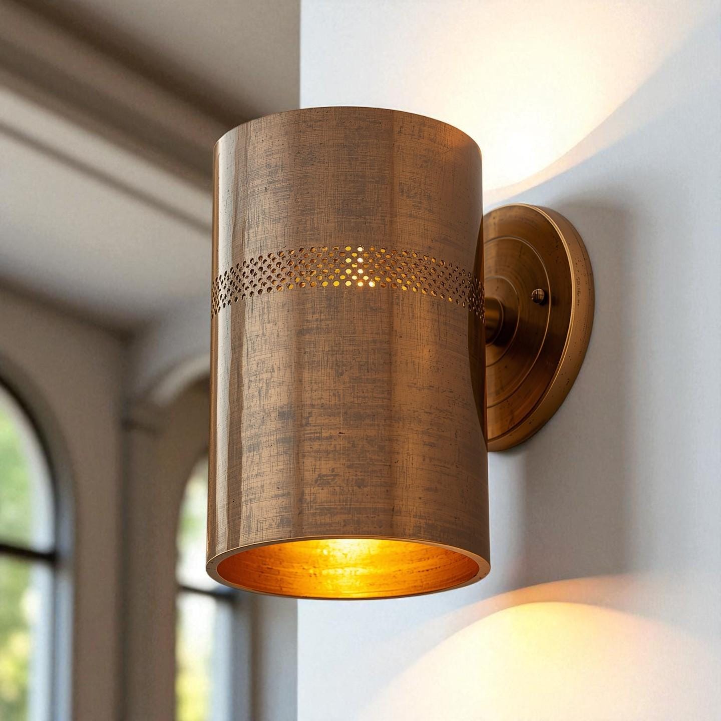 Antique Brass Wall Sconce - Perforated Cylinder Architectural Light - Mettlemix