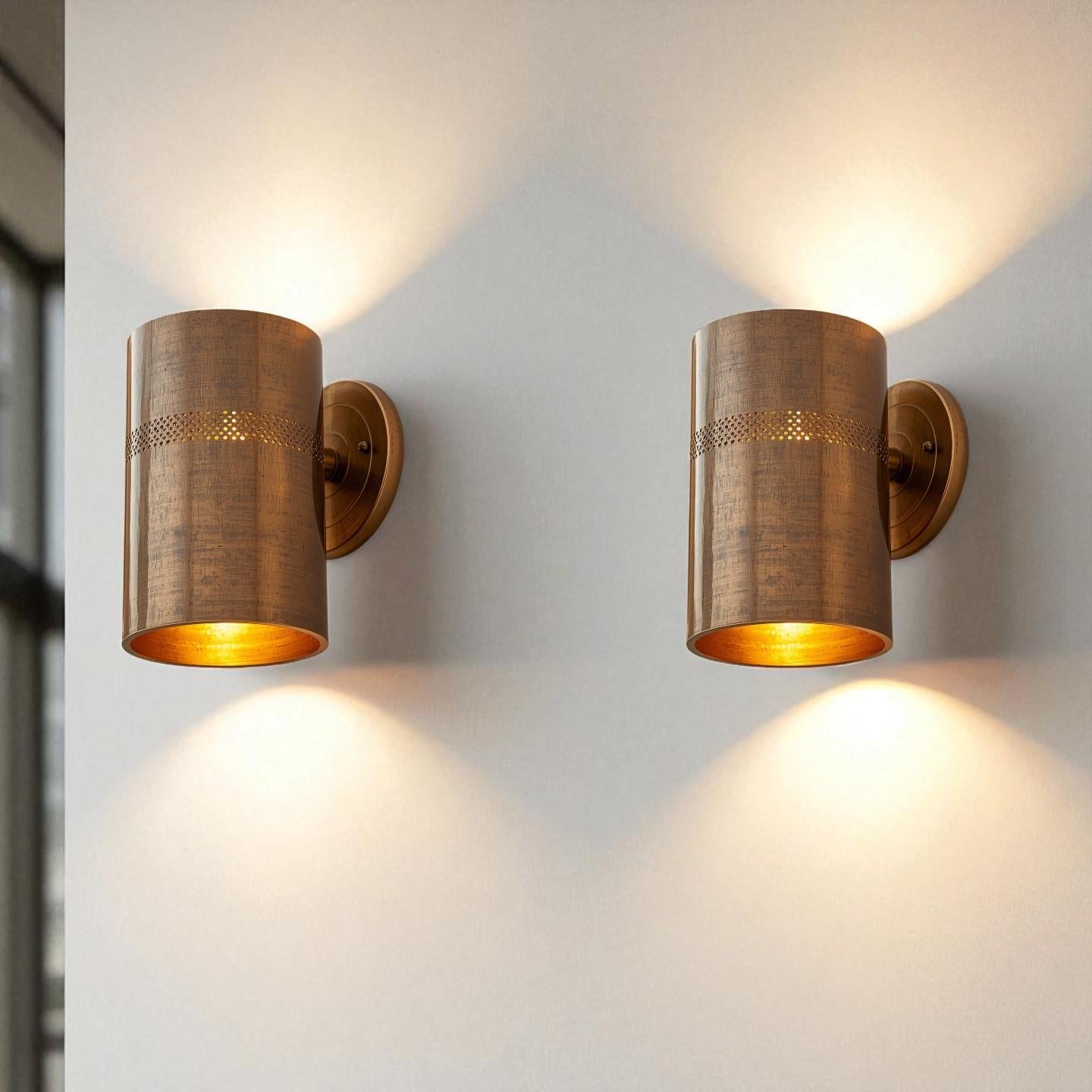 Antique Brass Wall Sconce - Perforated Cylinder Architectural Light - Mettlemix