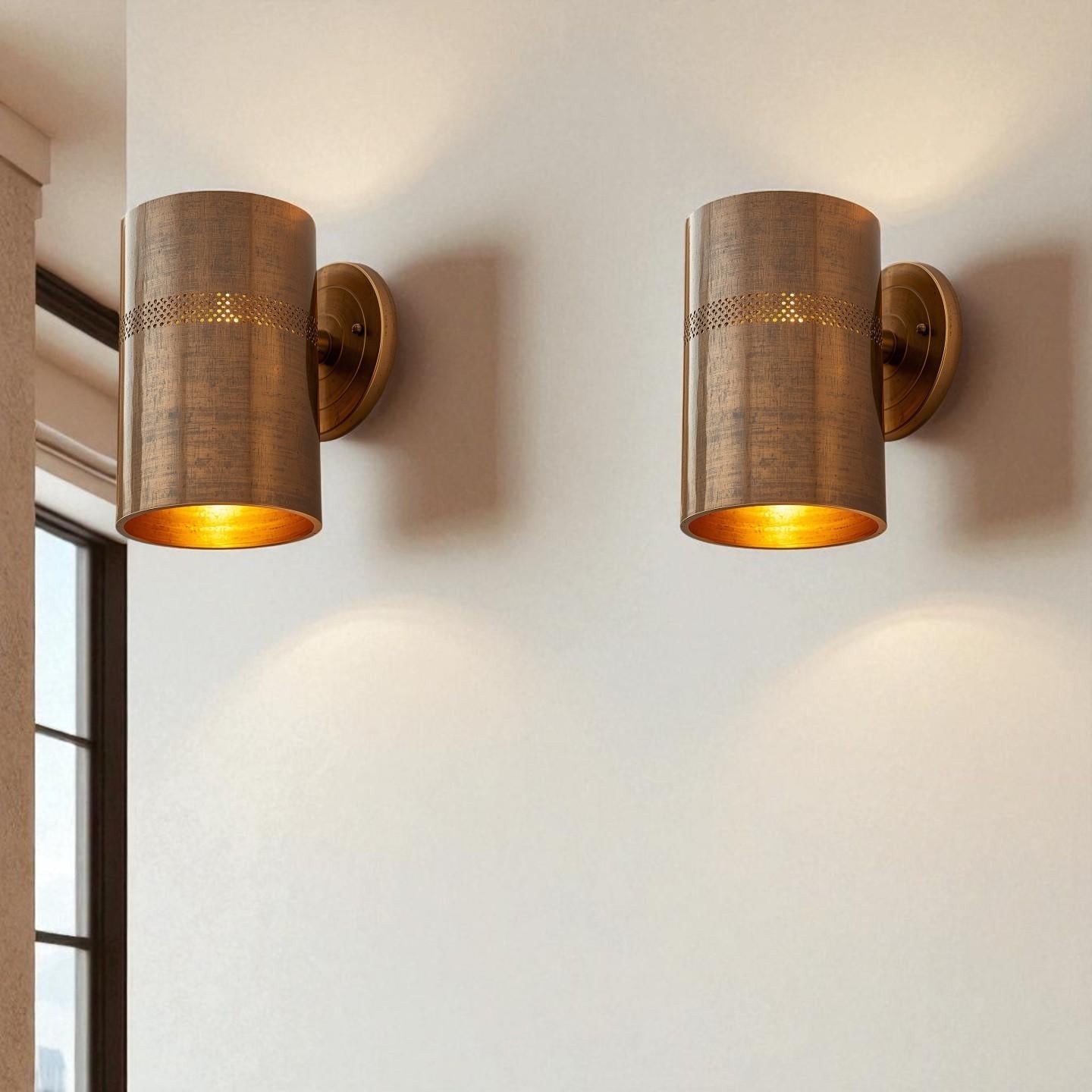Antique Brass Wall Sconce - Perforated Cylinder Architectural Light - Mettlemix