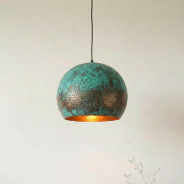 Antique Copper Hammered Pendant Light, Rustic Verdigris Hanging Lamp, Handmade Patina Ceiling Light, Kitchen Island Lighting - Mettlemix
